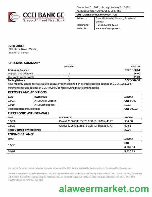 Equatorial Guinea CCEI Bank statement template, Word and PDF format